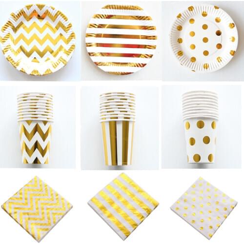2019 Gold Stripe Disposable Tableware Paper Plates Cups Straws Birthday Party Decorations Kids Adult Wedding Party Supplies