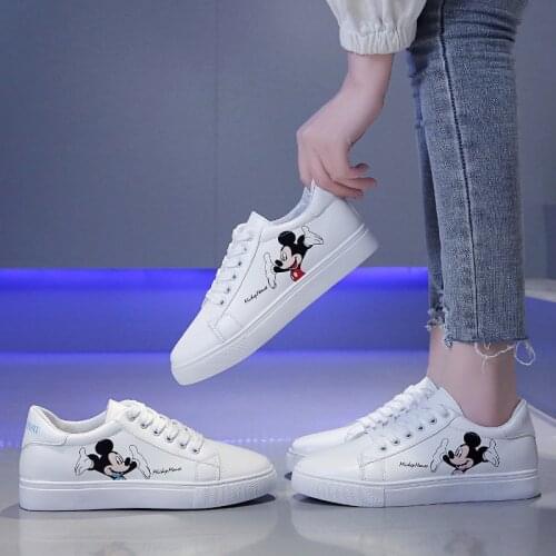 2021 Disney – petites chaussures de sport plates pour femmes, baskets blanches de couleur unie, dessin animé Mickey mouse