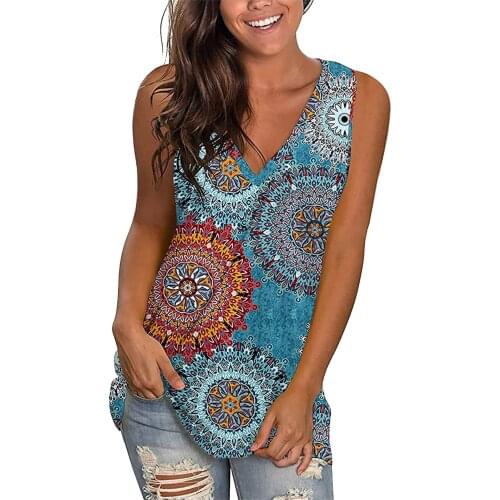 40#Graphic Printed T Shirt Women Harajuku V-neck Sexy Sleeveless Tee Casual Side Split Pullover Tops Plus Size Summer T-Shirt