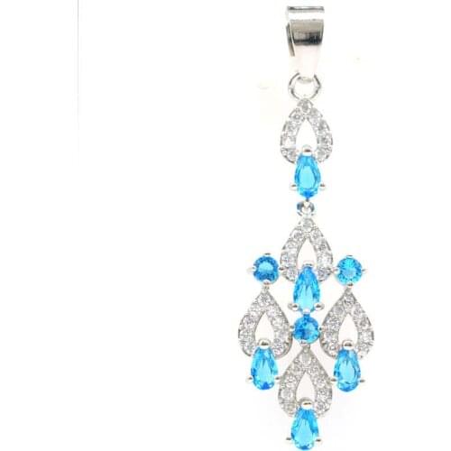 50x15mm Anniversary Long Paris Blue Topaz CZ Womans 925 Sterling Silver Pendant