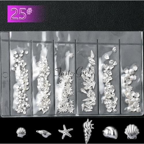 Mixed 6 styles sliver metal shell starfish conch studs 3d nail art decorations alloy manicure Accessories Supplies Tools 25