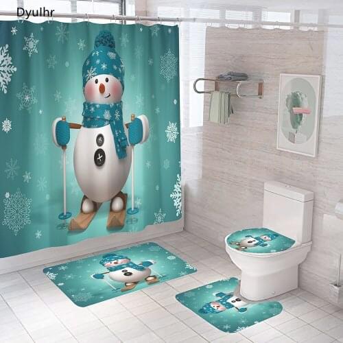 Bathroom Accessories Christmas Snowman Elk Printing Polyester Waterproof Shower Curtain Toilet Seat Mat Floor Mat Bathroom Kit