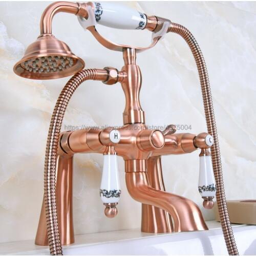 Antique Red Copper Deck Mounted Telephone Shape Spout Bathtub Mixer Tap Dual Handles with hand shower faucets Nna176