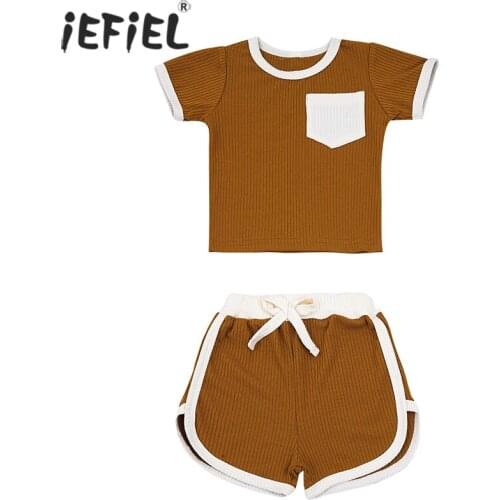 Kids Baby Girls Boys Outfit Suit Ribbed Knitted Children Clothes Set Toddler Girls Casual T-shirt Tops Shorts 2Pcs Set Summer