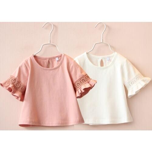 Girls Clothes 2021 Summer 2 3-10 Years Cotton White Lace Patchwork Lotus Short Flare Sleeve O-Neck Embroidery T-Shirt For Girls