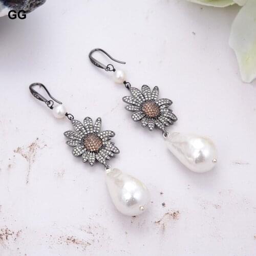 GuaiGuai Jewelry 16x25MM White Sea Shell Pearl CZ Pave Flower Hook Earrings For Women Lady Gift