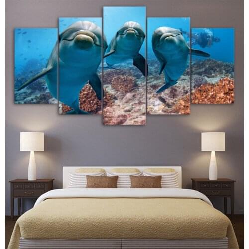 HD canvas print 5 animal painting deep sea swimming dolphin wall poster picture artwork living room decoration frame