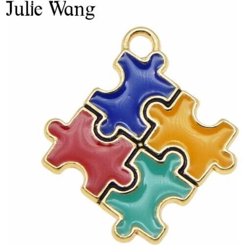 Julie Wang 3PCS Enamel Autism Awareness Jigsaw Puzzle Charms Gold Tone Necklace Bracelet Earrings Jewelry Making Accessory