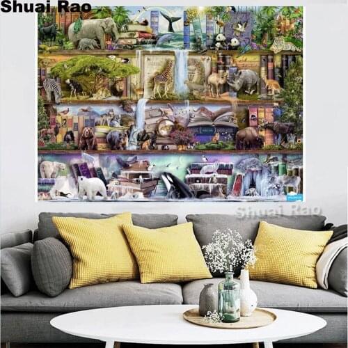 Waterfall Diamond Painting fantasy Landscape bookshelf animals,full Diamond Embroidery natural scenery Cross Stitch rhinestone