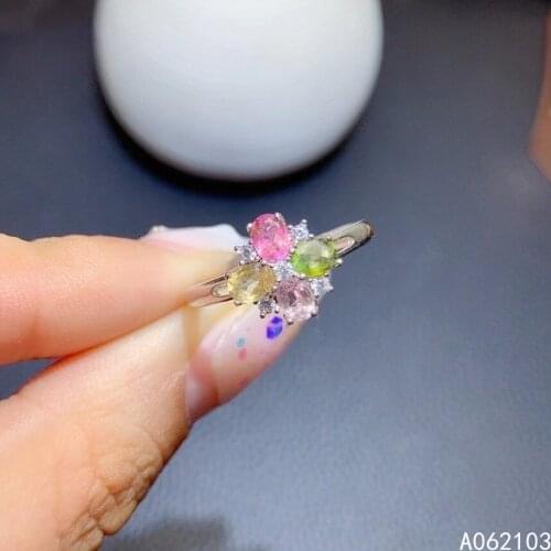 KJJEAXCMY fine jewelry 925 sterling silver inlaid natural Tourmaline Womens fresh flower four color gemstone adjustable ring su