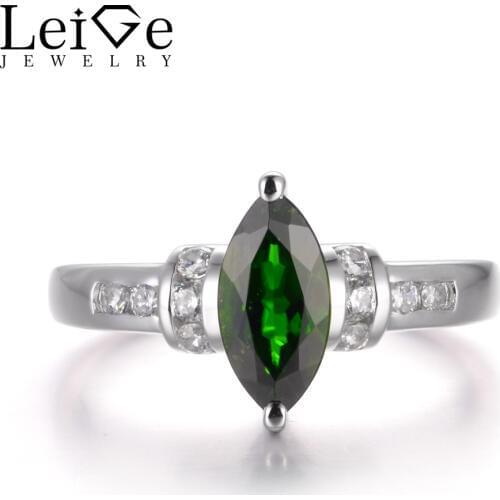 LeiGe Jewelry Natural Chrome Diopside Rings Unique Engagement Rings Marquise Cut Green Stone 925 Sterling Silver Fine Jewelry