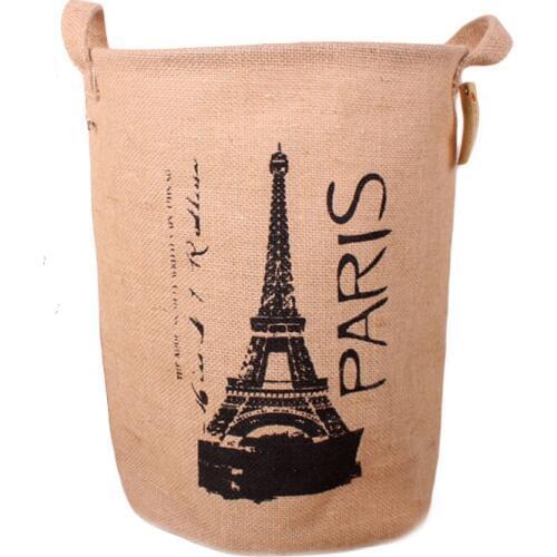 7PCS / LOT Tower Print Vintage Jute Sundries Storage Hamper Bin Portable Laundry Basket