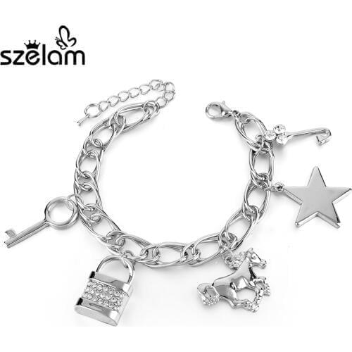 Szelam Fashion Star Horse Pendant Women Bracelet 2019 Silver Plated Lock Key Charm Bracelet Pulseras Bijoux Sbr160106