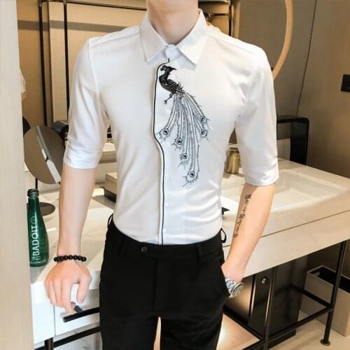Fashion 2021 Summer Men Shirt Half Sleeve Brand New Peacock Embroidery Asymmetric Shirts For Men Slim Fit Casual Club Tuxedo 3XL