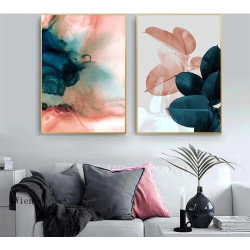 Wall Art Pictures Nordic Abstract Canvas Painting Poster Pink Green Flower Leaf Prints for Living Room Bedroom Decoration