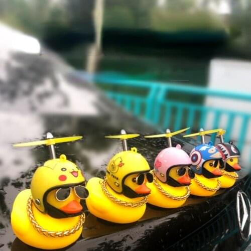 New Tide Cool Rubber Duck Toy Car Ornaments Yellow Duck with Propeller Helmet Car Dashboard Decor Squeaking Glowing Duck Toys