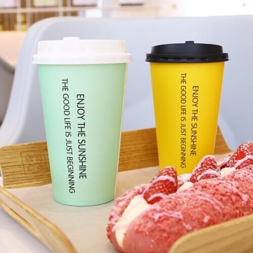 50pcs High quality color disposable coffee cup wedding party favor 16A 500ml milk tea juice cold hot drink paper cups with lid