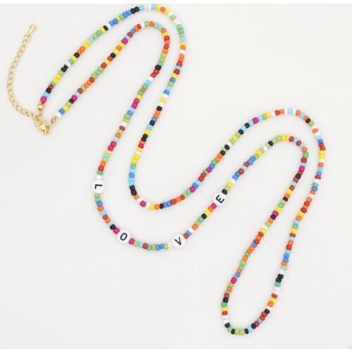 GO2BOHO Rainbow Seed Beaded Women Necklace LOVE Letter Necklaces Fashion Multicolor Beads Bohemian Stainless Steel Clasp Jewelry
