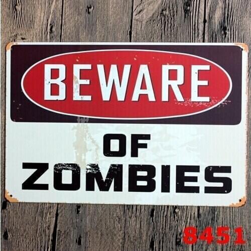 Warning Beware of Zombies Funny Tin Sign Bar Pub Garage Home Art Decor Poster 20x30CM