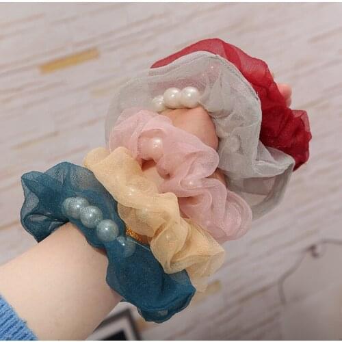 Women Elastic Girls Scrunchie Rubber Band Rope Ponytail Holder Pearl Beads Women Hair Bands Ties Party Wedding