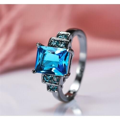 Luxury Female Big Blue Stone Ring Vintage Black Gold Wedding Rings For Women Promise Love Square Engagement Ring