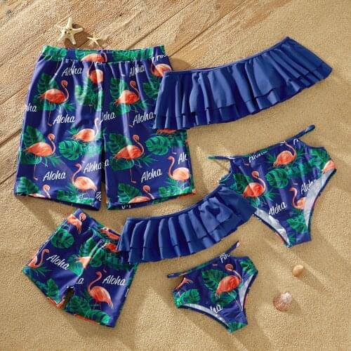 PatPat Family Look Solid Ruffle Top and Flamingo Leaf Print Shorts Matching Swimsuits