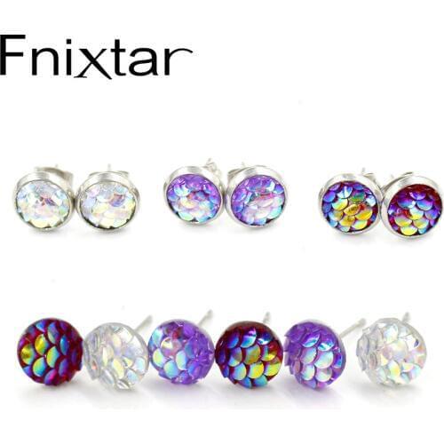 Fnixtar Stainless Steel Druzy Resin Mermaid Fish Scale Pattern Dome Seals Cabochon Stud Earrings For Girls Kids 8mm 10pairs/lot
