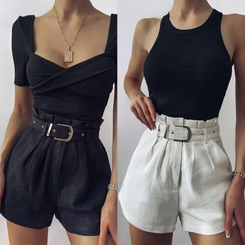 Women Loose Short Pants with Waistband Girls Solid High Waist Casual Shorts with Belt Female Summer Casual Black/White Shorts