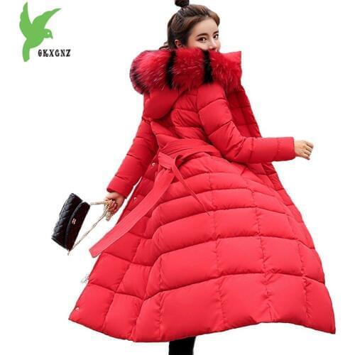 Lengthen cotton jacket women parkas winter Thick warm coat Fur collar Hooded tops Plus size Slim female Down cotton coats 2291