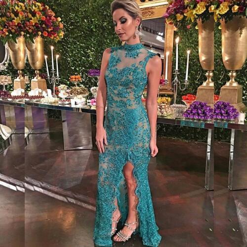 Green Evening Dress 2019 Lace Appliques Illusion Formal Party Gowns Long Evening Dresses vestido de festa longo
