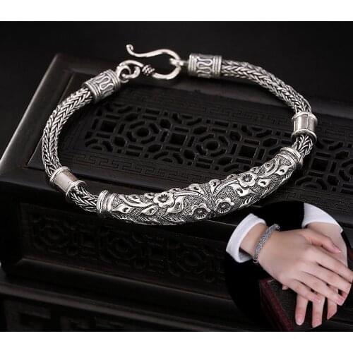 100% Real Solid 925 Sterling Silver Handmade Carved Ethnic Flowers Bracelets for Women Thai Silver Bangles&Bracelet Fine Jewelry