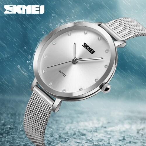 SKMEI Womens Quartz Wrist Watch Simple Ultra-Thin Stainless Steel Big Dial Water Resistant Watches For Women orologi donna 1291