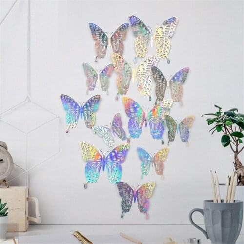 12pcs 3D Hollow Butterfly Wall Stickers Pearlescent Paper Simulation Butterfly Sticker for DIY Art Wall Home Decor Wedding Decor