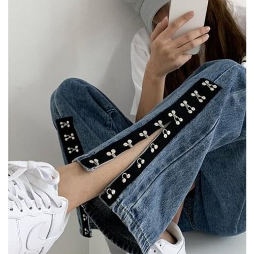 Large Size Split-breasted Jeans Womens Loose High-waisted Straight-leg Slim All-match Wide-leg Long Pants 2021 New