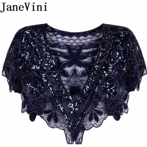 JaneVini Elegant Navy Beaded Bride Cape Sheer Tulle Sequins Bridal Shawls Summer Wedding Wraps Boleros Shoulder Cover Estola