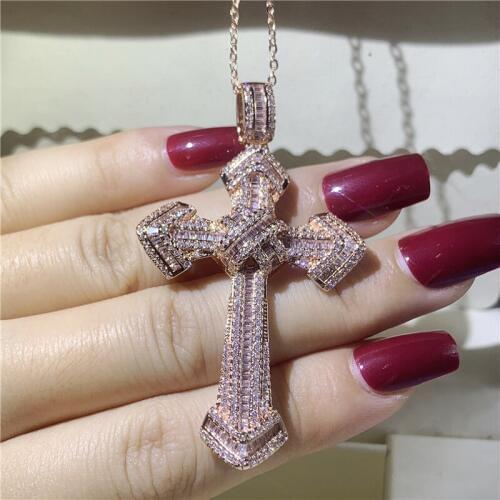 Elegant Big Cross Pendant AAAAA cz Rose Gold Filled 925 silver Party Anniversary Pendants with necalace for women Men Jewelry
