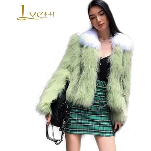 LVCHI 2019 Winter Import Real Fox Fur Coats Deep V-Neck Natural Fox Fur Coat Womens Contrast Color Waving Short Fox Fur Coats
