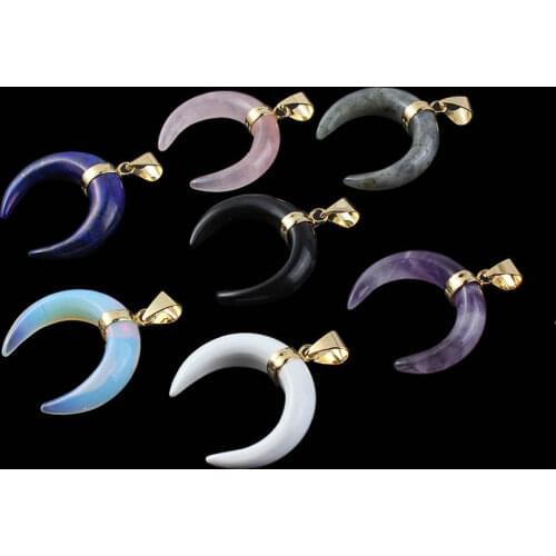 KFT Natural Crystal Stone Pendant Yellow Gold Color Crescent Moon Double Horn Pendants for Female Men Healing Jewelry