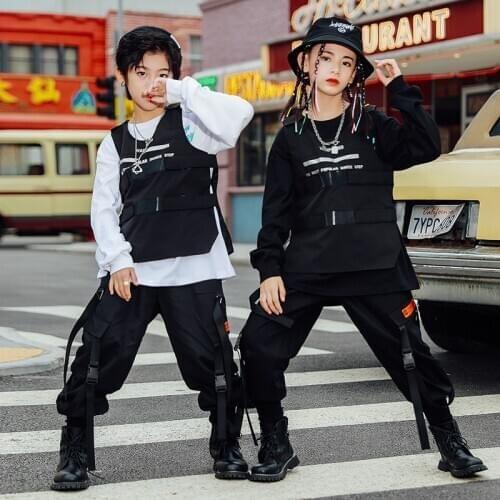 2020 Ballroom Hiphop Dance Costumes For Kids Performance Dance Wear Black Vest Hiphop Suit Street Dancing Rave Clothes DQS5935