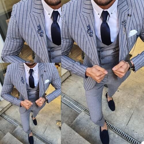 Grey Striped Mens Formal Suits Slim Fit One Button Men Tuxedos Business Prom Dinner Blazer Suit 2 Pieces (jacket+pants)
