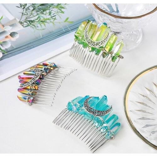 Colorful Natural Crystal Rainbow Colorful Green Blue Singel Point Witch Crystal Wicca Moon Hair Comb Decor Accessorie Ornament