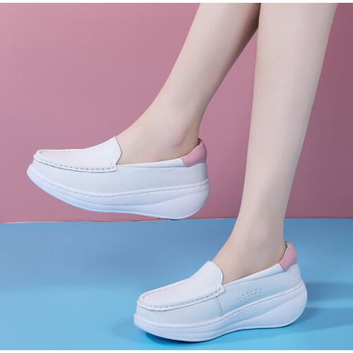 Cowhide Platform Shoes Women White Nurse Shoes Sneakers Woman Flats Wedge Slip On Lady Loafers Non-slip Footwear Zapatos Mujer