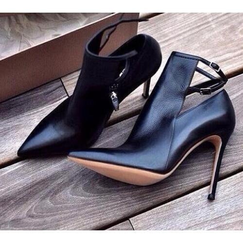 Hot Selling Pointed toe Ankle Boots Woman Fashion Thin Heels Boots Ankle Strap Cut-outs High Heel Boots Black Leather Pumps