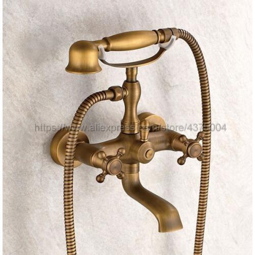 Dual Cross Handles Wall Mounted Antique Brass Bathroom Tub Faucet with Hand Held Shower Sprayer Ntf009
