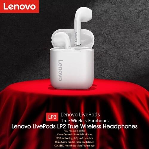 Lenovo LivePods LP2 Headphones BT 5.0 Earphones with Noise Reduction Touch Control True Wireless Stereo Earbuds for Sports