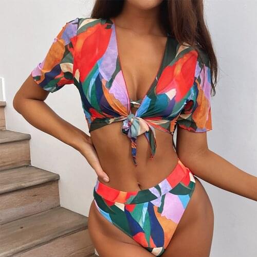 2021New Women Colorful Printing Push Cover Up Shirt Summer Sexy Swimsuit 3PCS V-neck High Waist Thong Solid Mini Bathing Suit