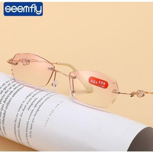 Seemfly Diamond Titanium Metal Reading Glasses Elegant Ladies Frameless Farsighted Presbyopic Eyewear Diopter +1.0 2 2.5 3 3.5