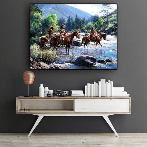 Native Indian Ride Horse Wild Landscape Canvas Painting Poster and Prints Cuadros Wall Art Home Decor Picture for Living Room