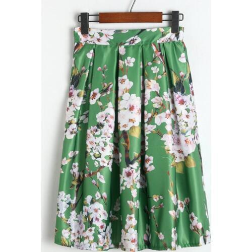 Pleated Skirt Women Green High Waist Vintage Skirts 2019 New Spring Floral Print Elastic Soft Loose Slim Skirt Clothing LD778