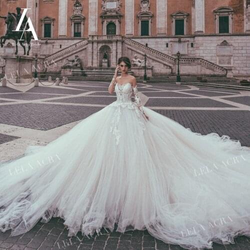 Glamorous Appliques Crystal Wedding Dress Sweetheart Long Sleeve Ball Gown Princess Train LelaAcra JK11 Bride Vestido De Noiva